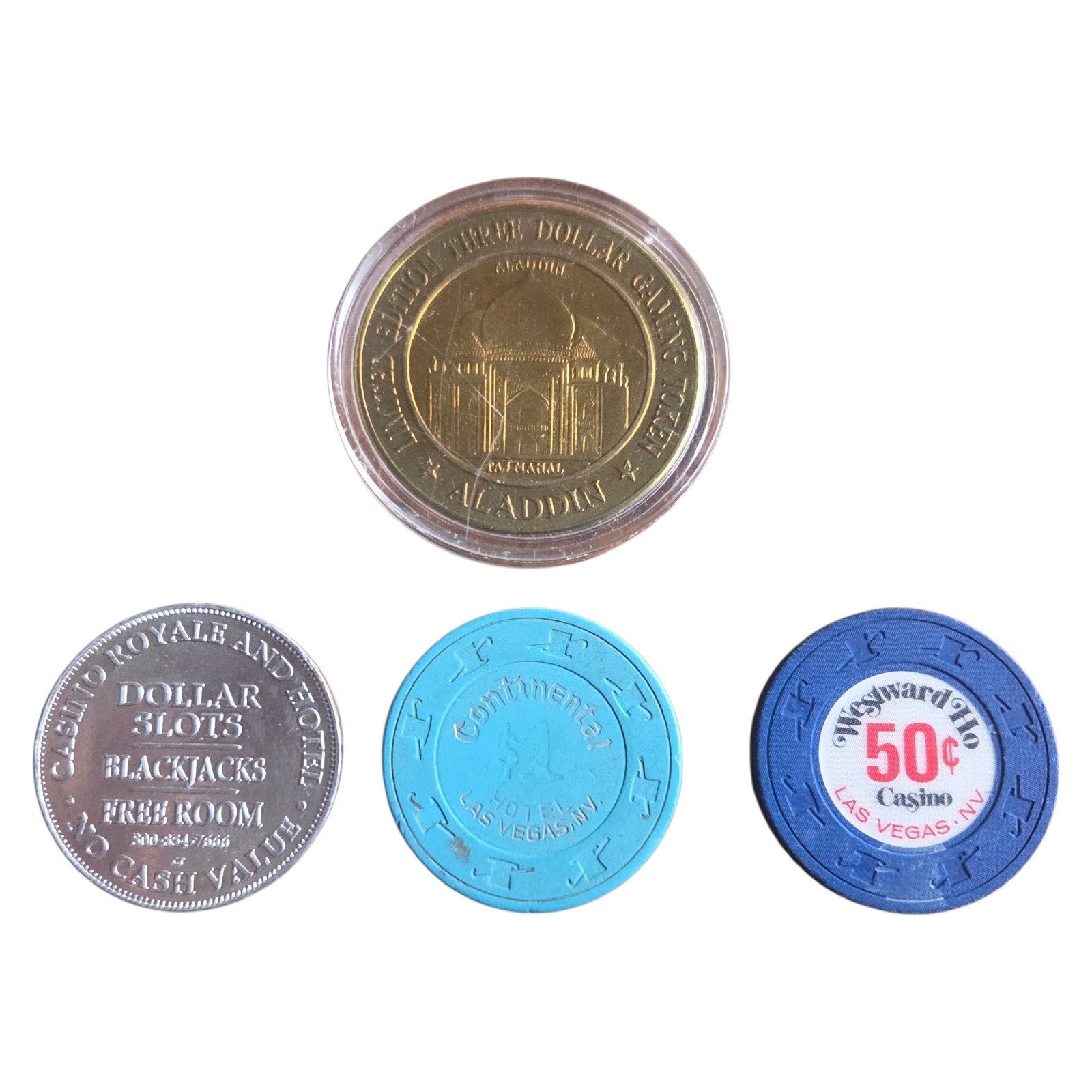 4 Coins of Las Vegas Casinos Past Westward Ho Aladdin Continental Casino Royale