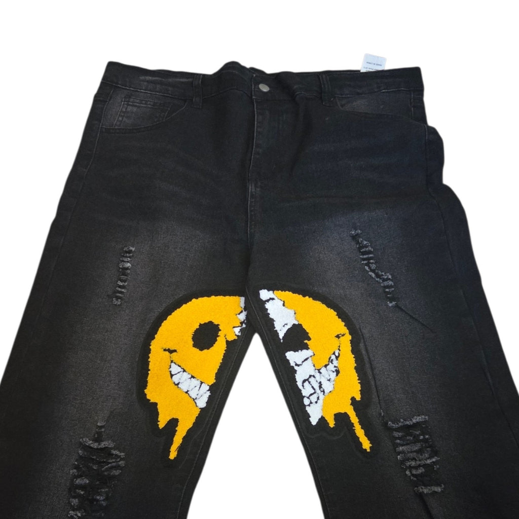 Jeans Mens 16Y Black Straight Distressed Smiley Emoji Patch Streetwear