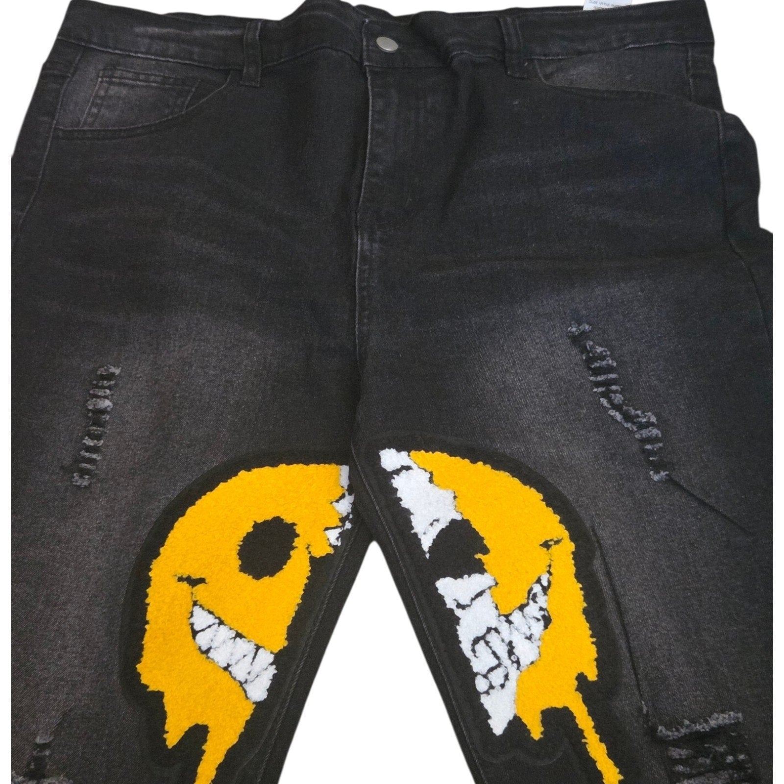 Jeans Mens 16Y Black Straight Distressed Smiley Emoji Patch Streetwear