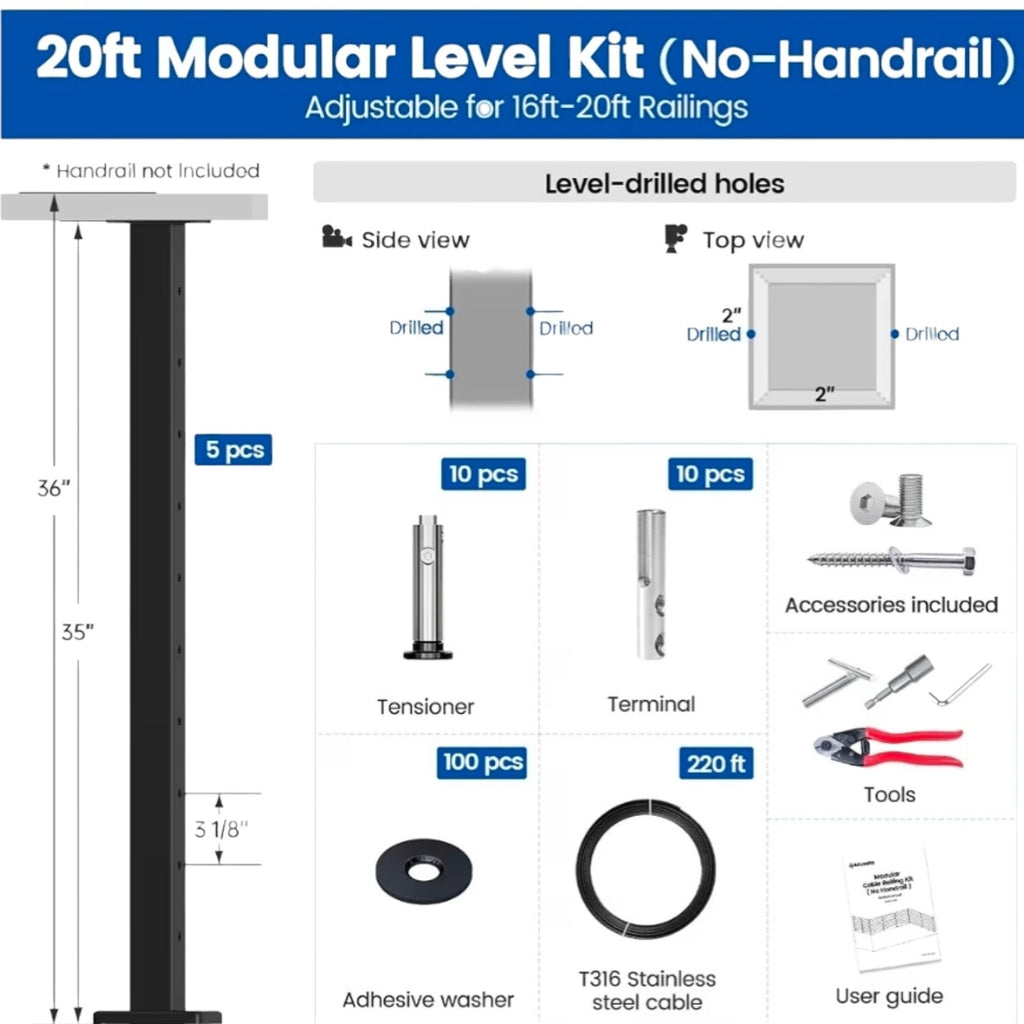 16-20FT Modular Black Cable Railing Kit 36 Inch 5 Level Post Kit Complete Set