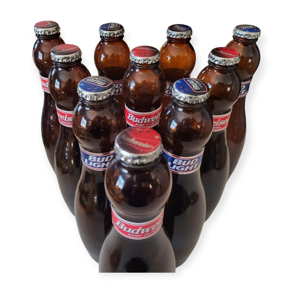 Vintage Complete Bowling Pin Set Budweiser & Bud Light Bottles - Born Aug 2007