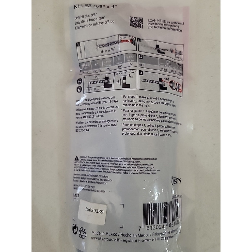 6 PIECE - HILTI - KH-EZ 3/8" x 4" Concrete Screw Anchors