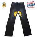 Jeans Mens 16Y Black Straight Distressed Smiley Emoji Patch Streetwear