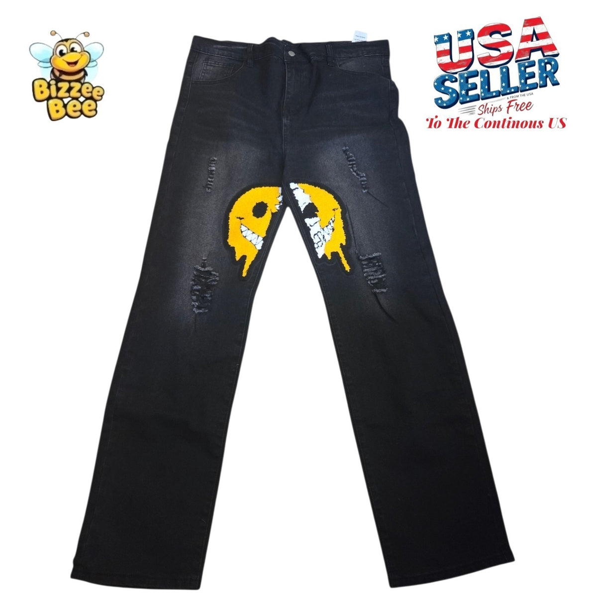 Jeans Mens 16Y Black Straight Distressed Smiley Emoji Patch Streetwear
