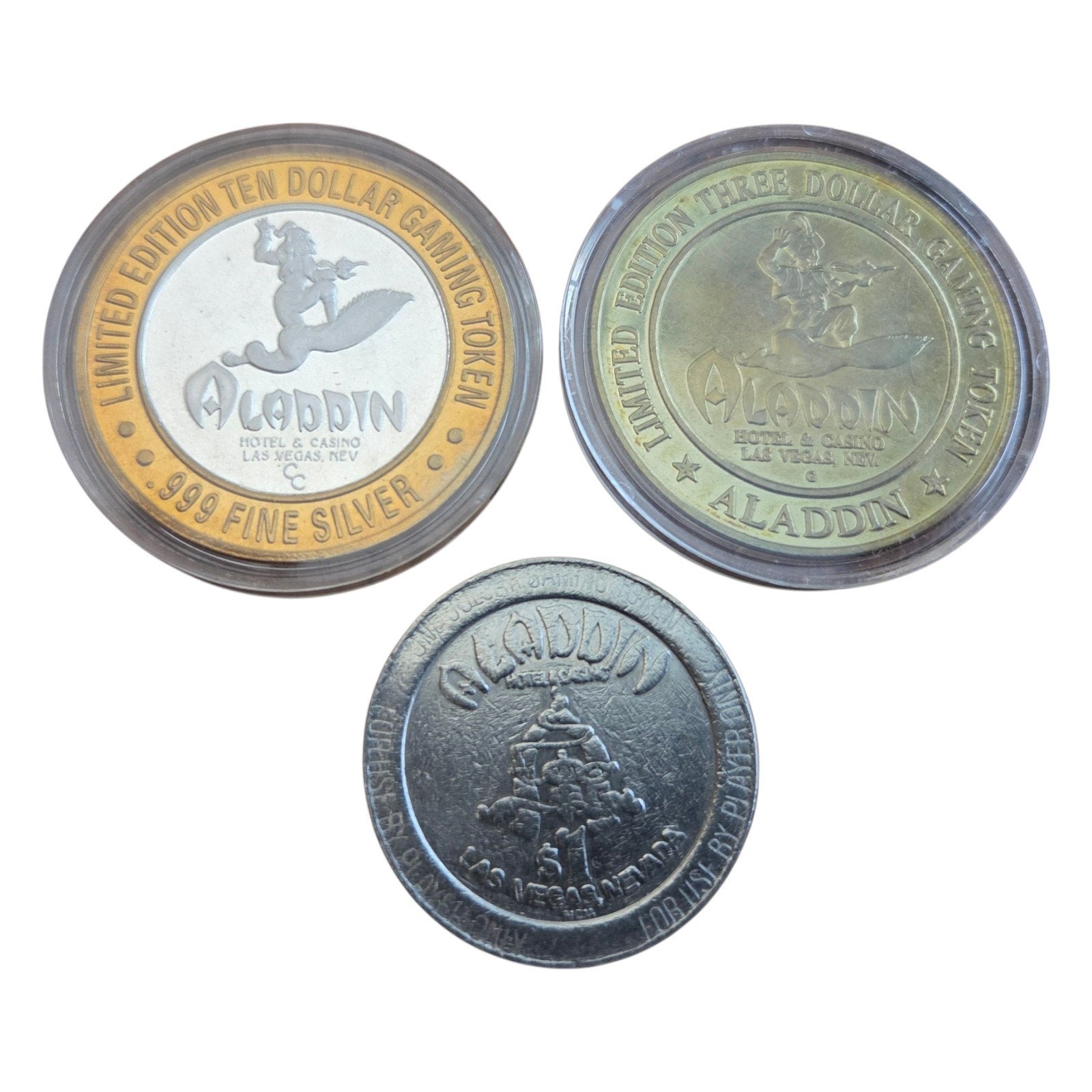 Set of 3 Aladdin Hotel and Casino Coins Las Vegas - Silver Coin - Comm. & Dollar