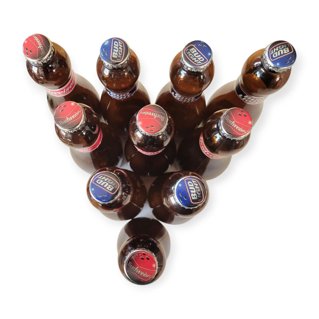 Vintage Complete Bowling Pin Set Budweiser & Bud Light Bottles - Born Aug 2007