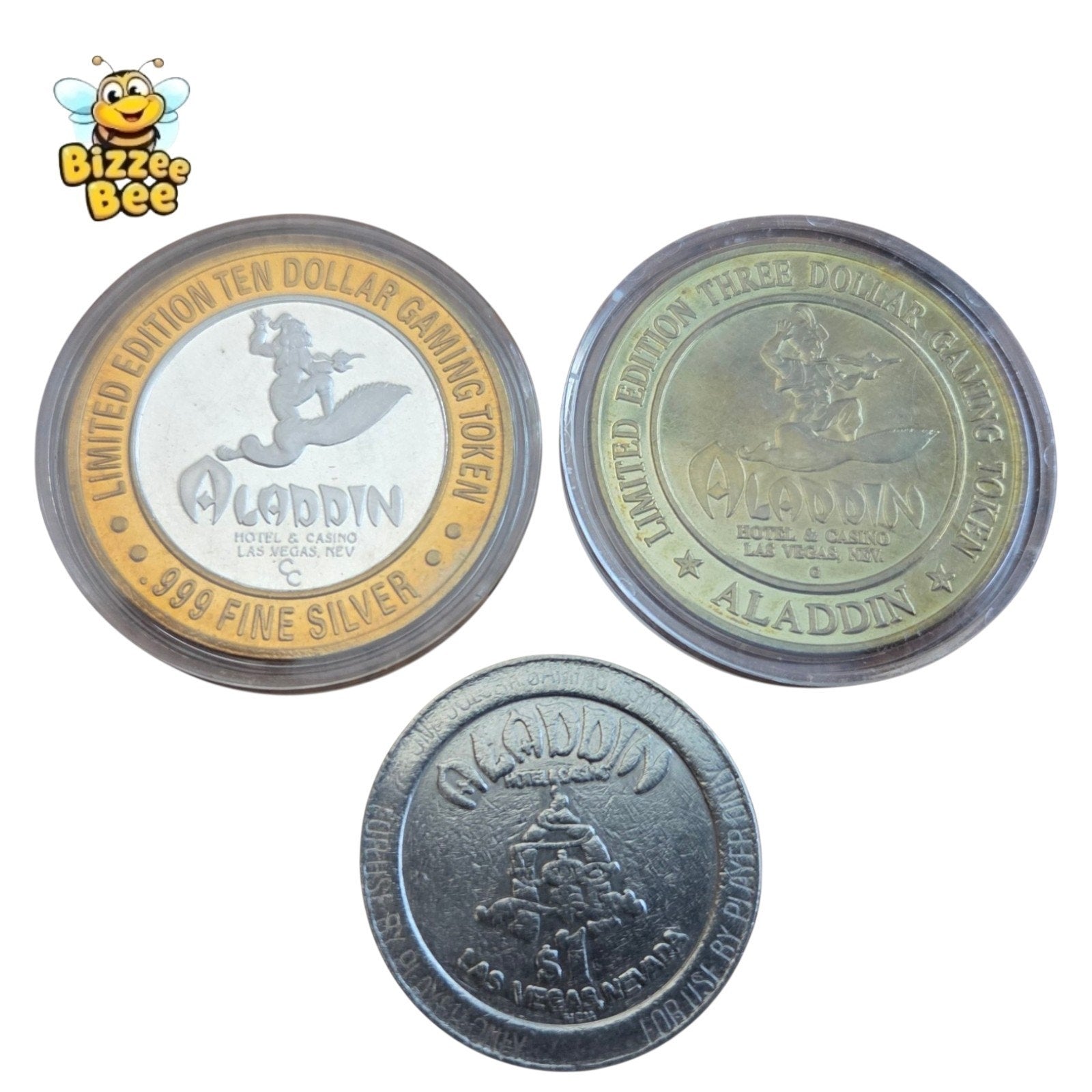 Set of 3 Aladdin Hotel and Casino Coins Las Vegas - Silver Coin - Comm. & Dollar