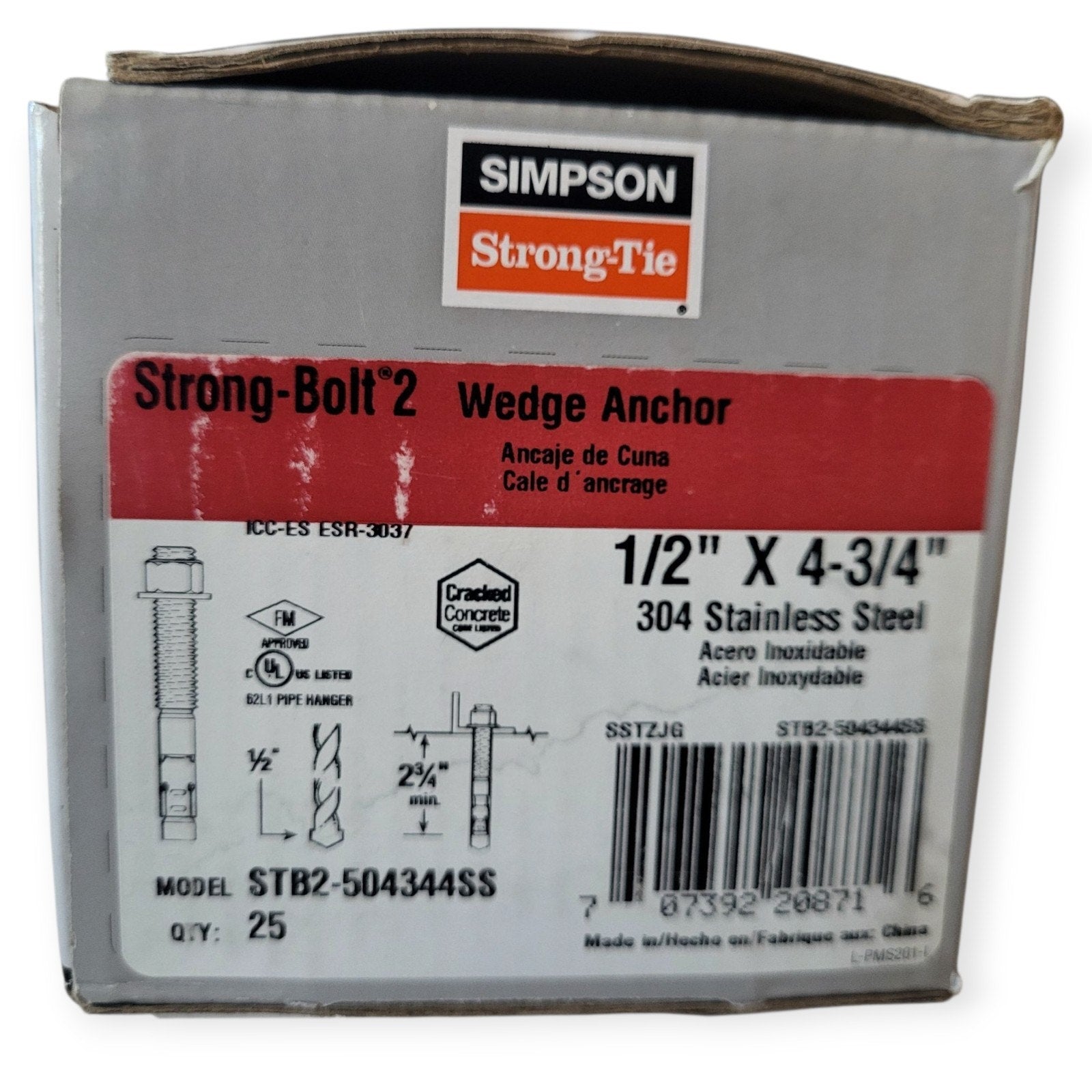 1/2" x 4-3/4" 304 Stainless Strong Bolt 2 Wedge Anchor STB2-504344SS QTY 25