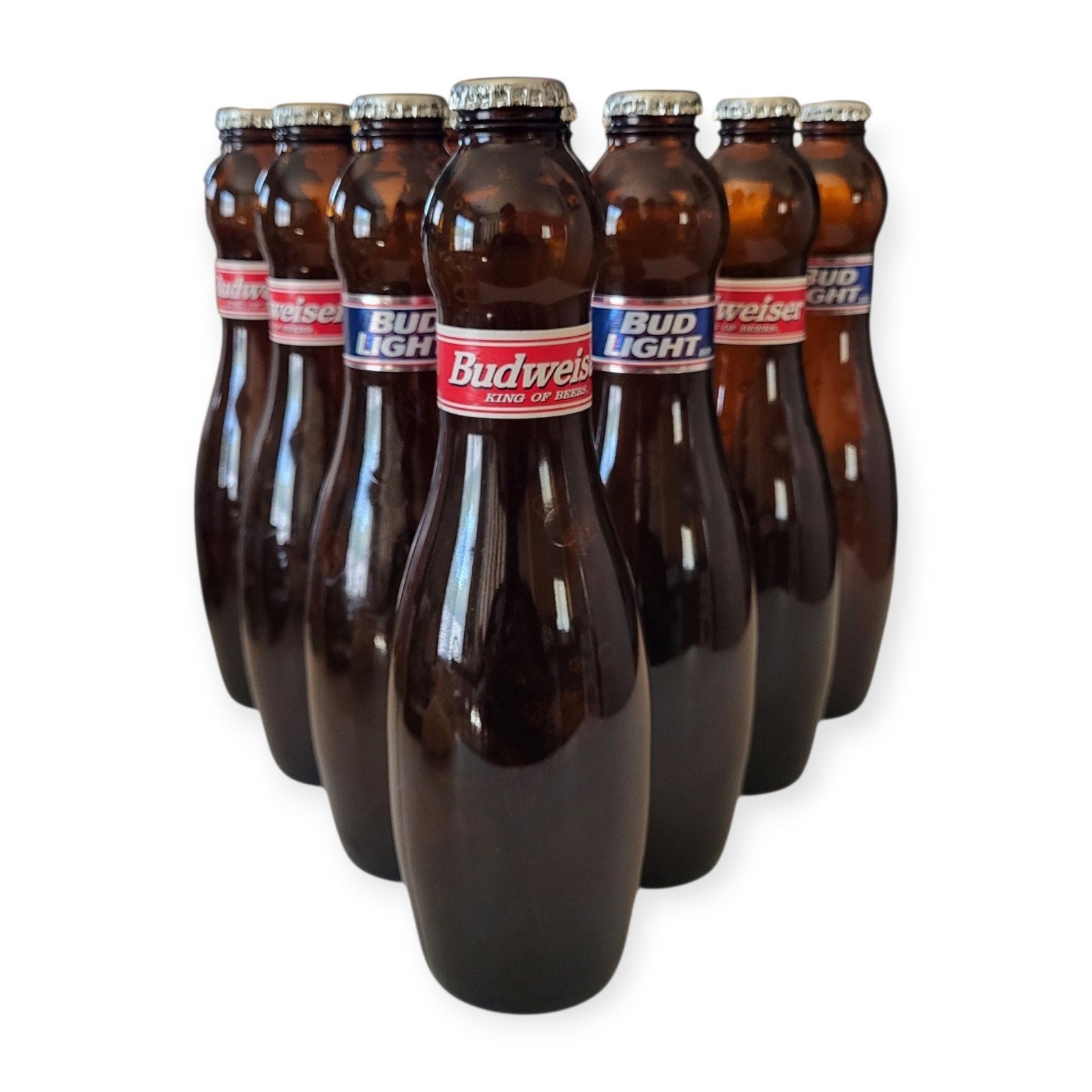 Vintage Complete Bowling Pin Set Budweiser & Bud Light Bottles - Born Aug 2007