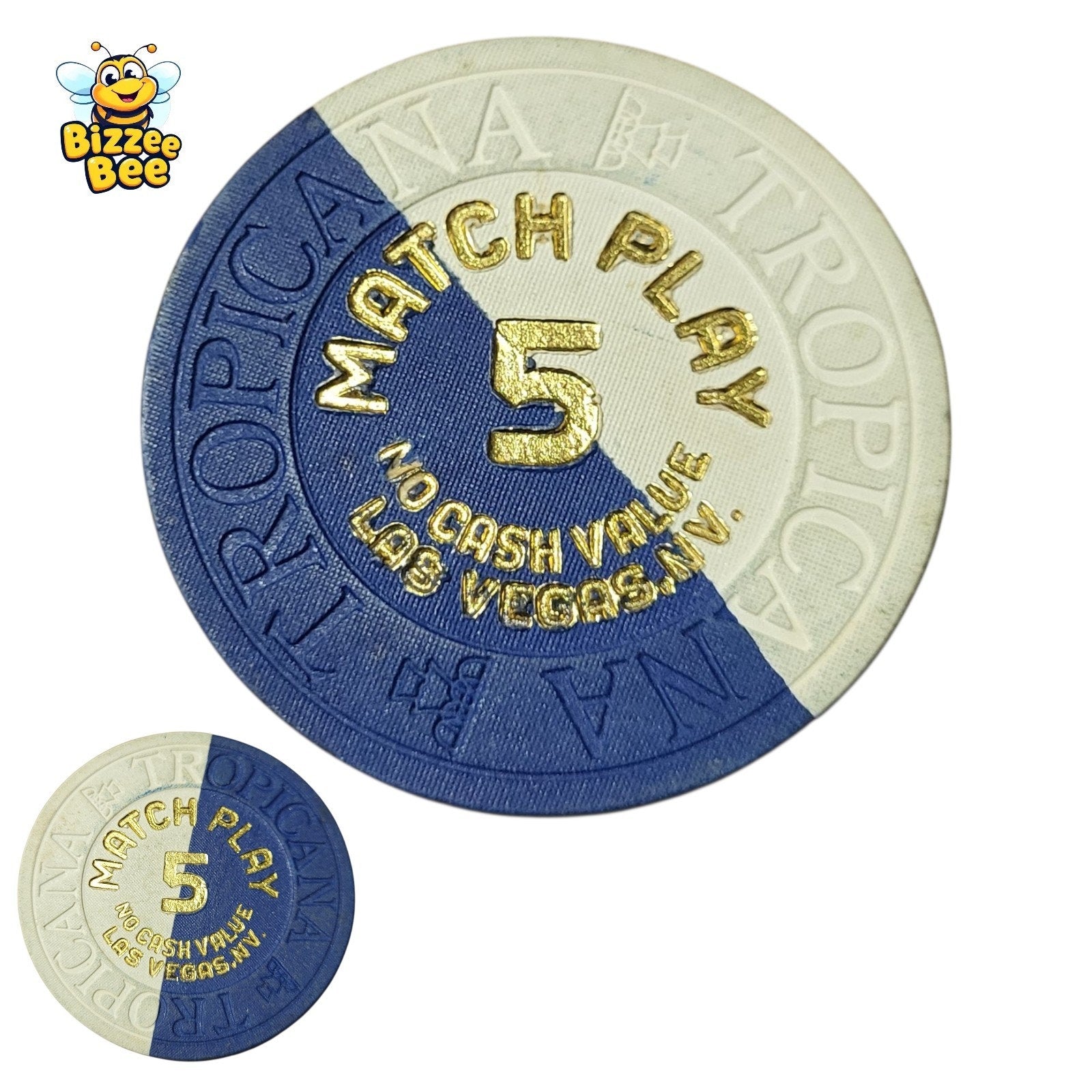 Demolished Tropicana Casino Las Vegas NV $5 Match Play NCV Navy&White Chip 1990