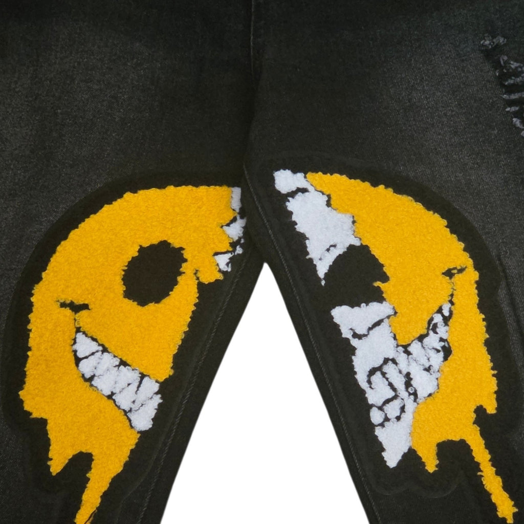 Jeans Mens 16Y Black Straight Distressed Smiley Emoji Patch Streetwear