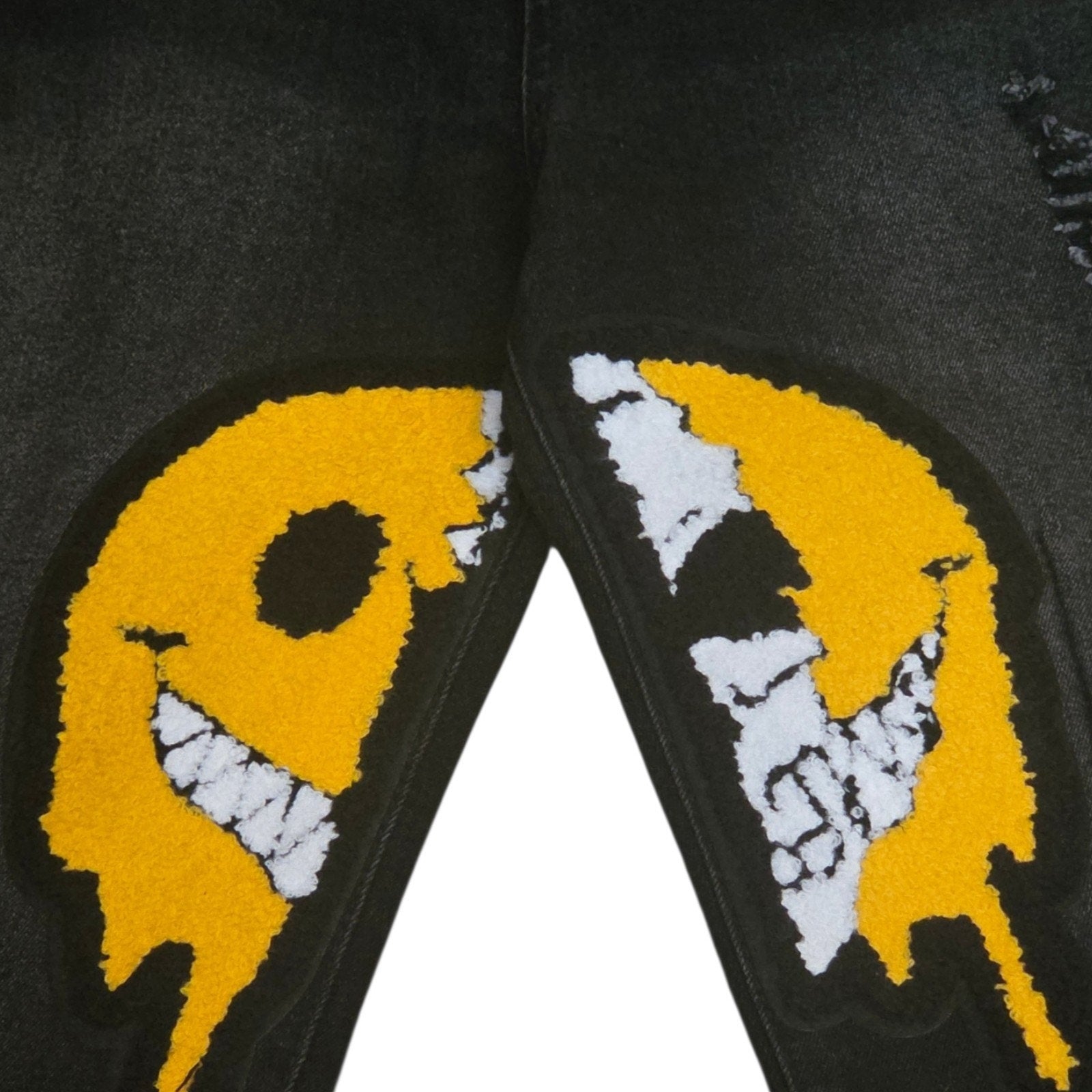 Jeans Mens 16Y Black Straight Distressed Smiley Emoji Patch Streetwear