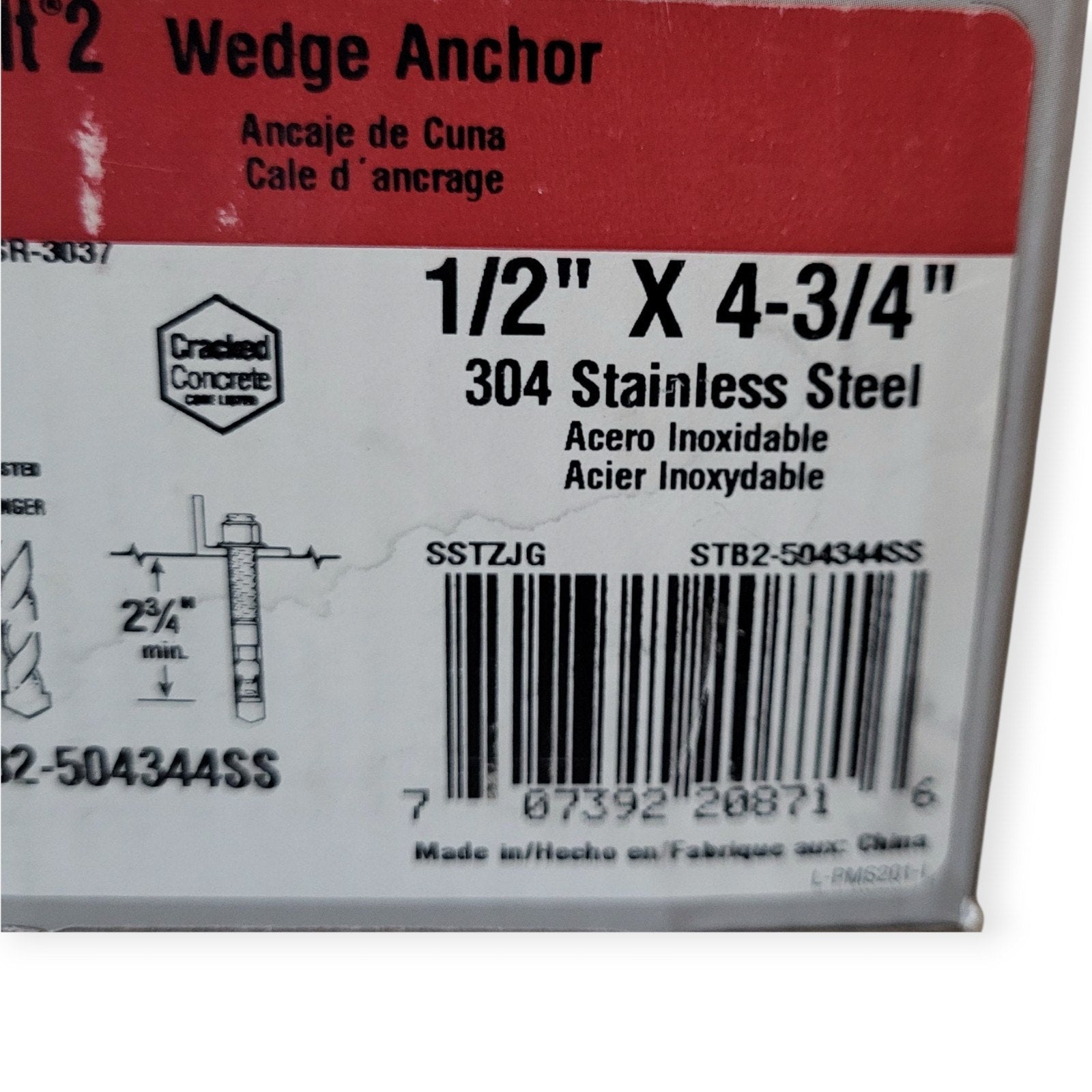 1/2" x 4-3/4" 304 Stainless Strong Bolt 2 Wedge Anchor STB2-504344SS QTY 25