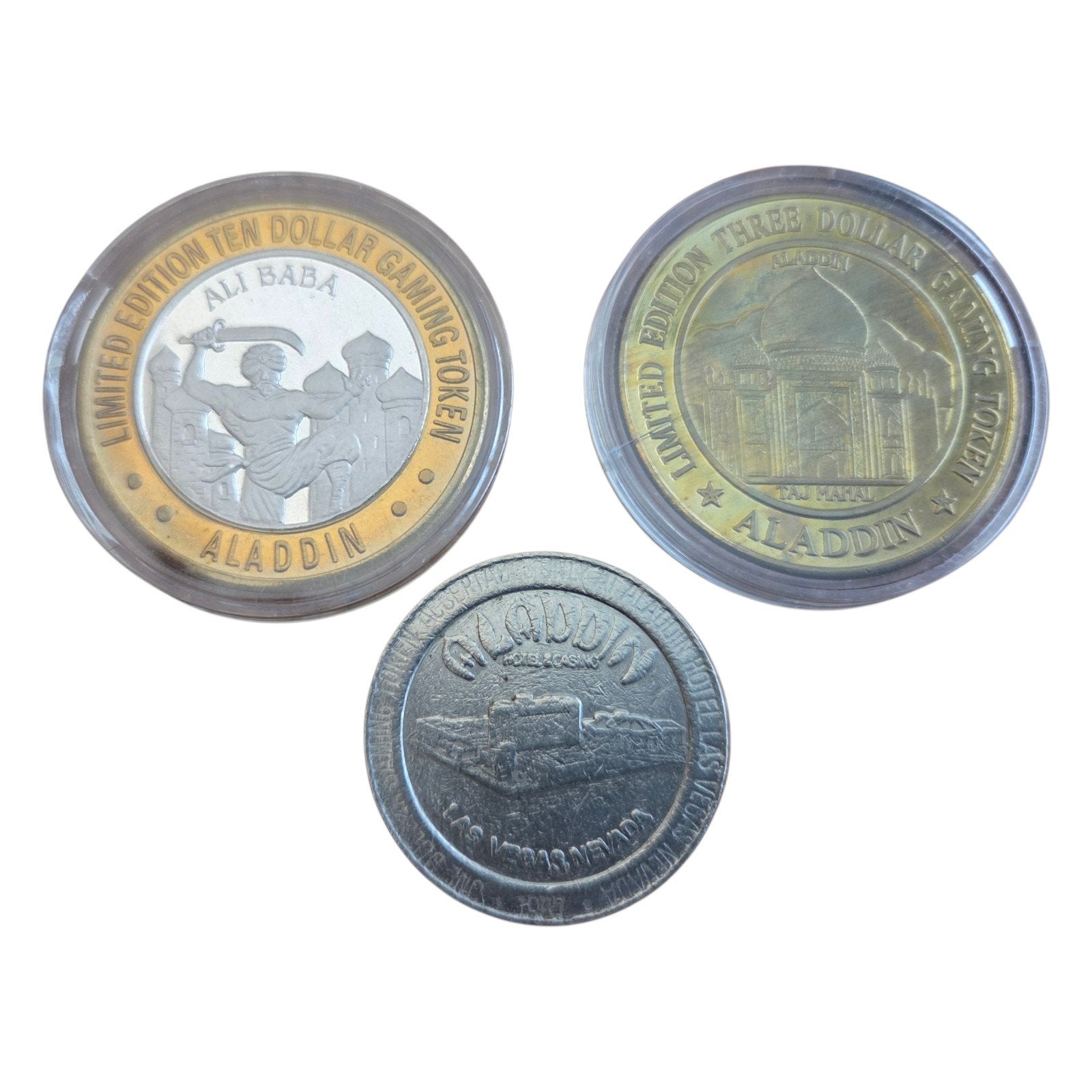 Set of 3 Aladdin Hotel and Casino Coins Las Vegas - Silver Coin - Comm. & Dollar