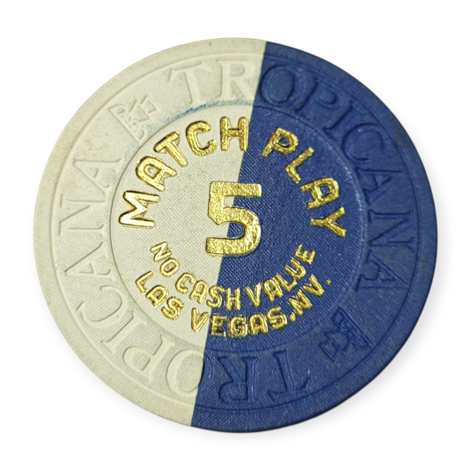 Demolished Tropicana Casino Las Vegas NV $5 Match Play NCV Navy&White Chip 1990