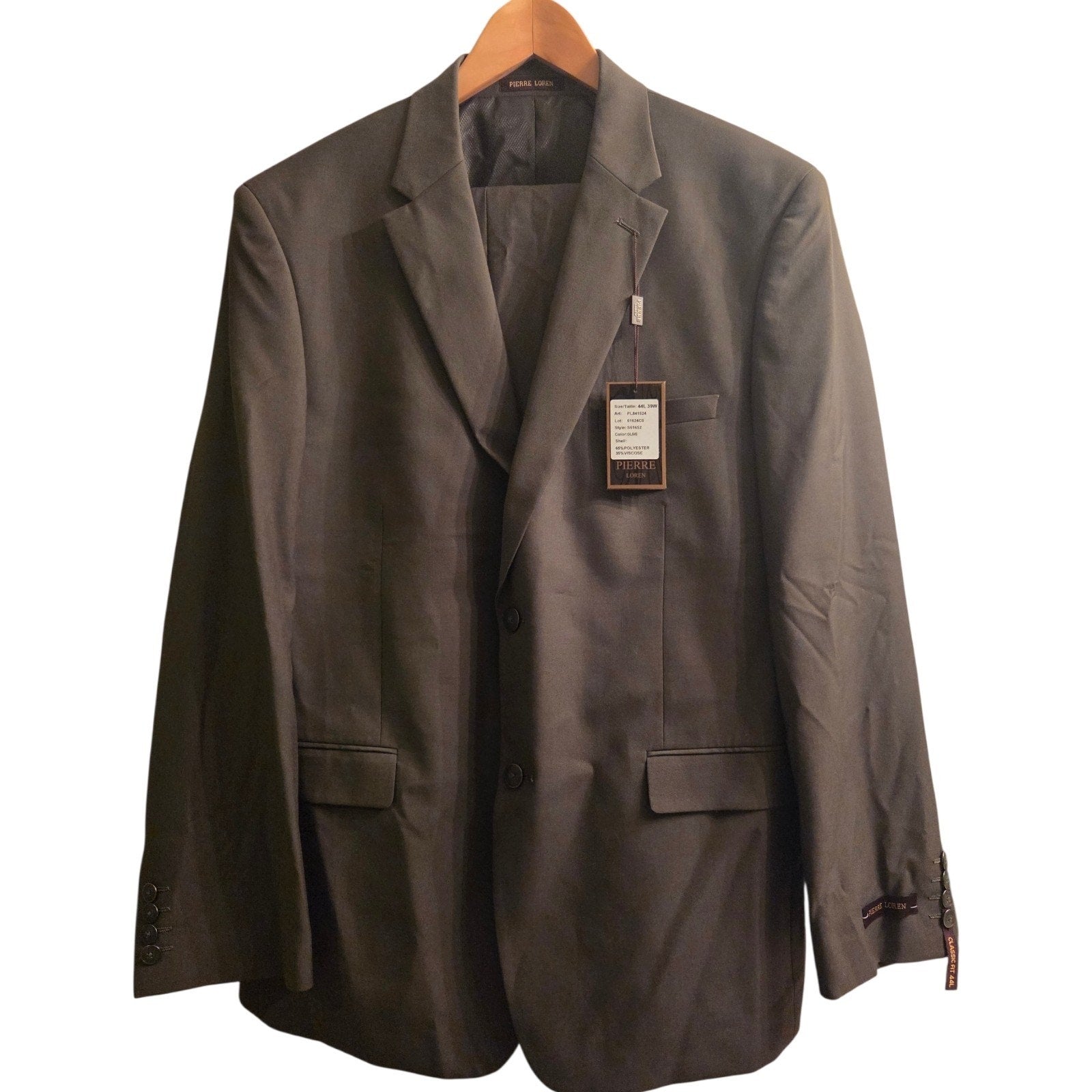 New Pierre Loren Olive Color 2 Piece Suit Blazer & Pant Size 44L/39W