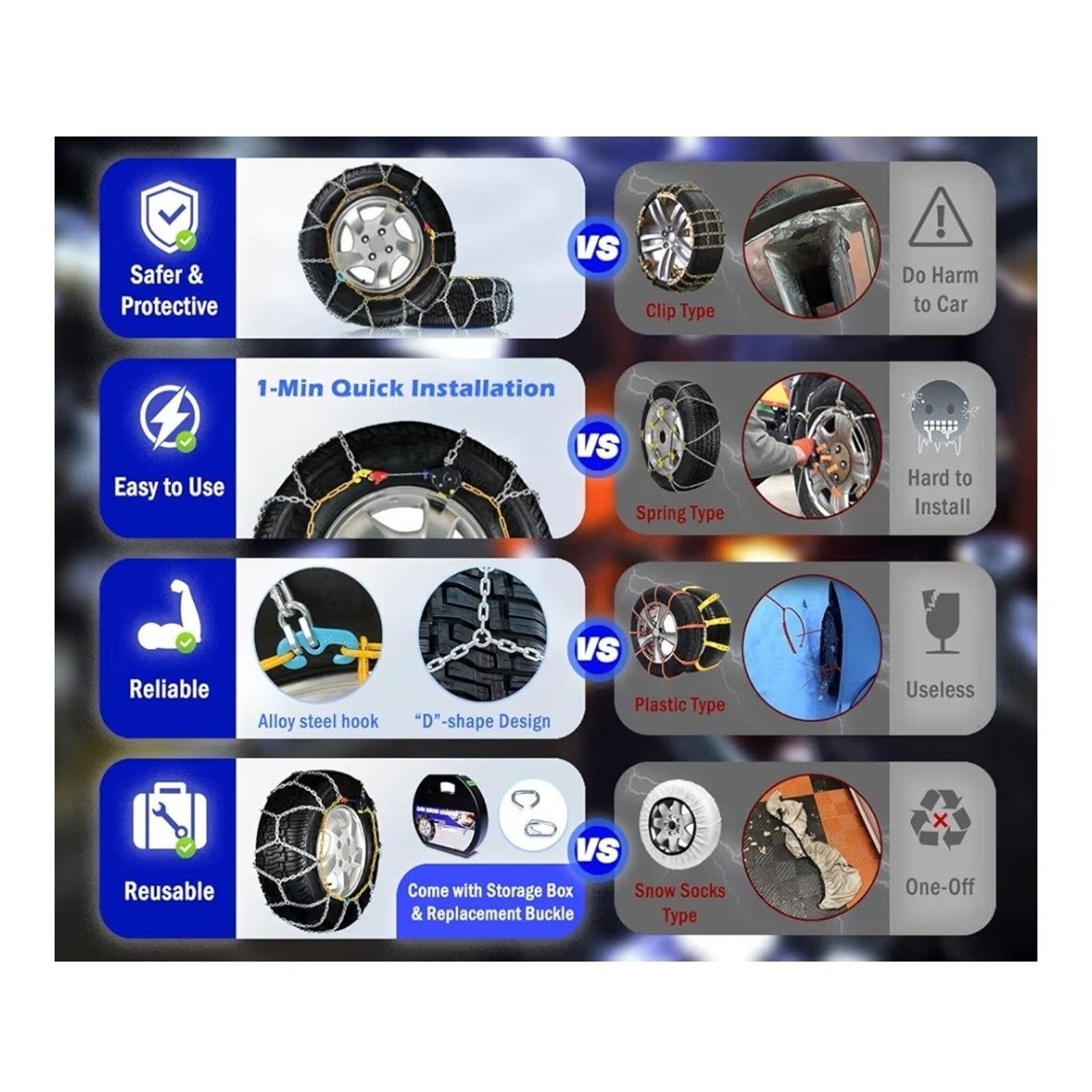 Snow-Chains Auto Fixing 1 Min Quick Fit Easy Installation Tire-Chains HKN-160