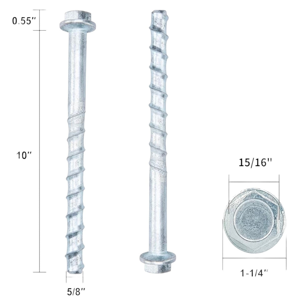 5/8" x 10" Concrete Screws (10 PCS) Concrete Anchor Bolts Zinc Plated