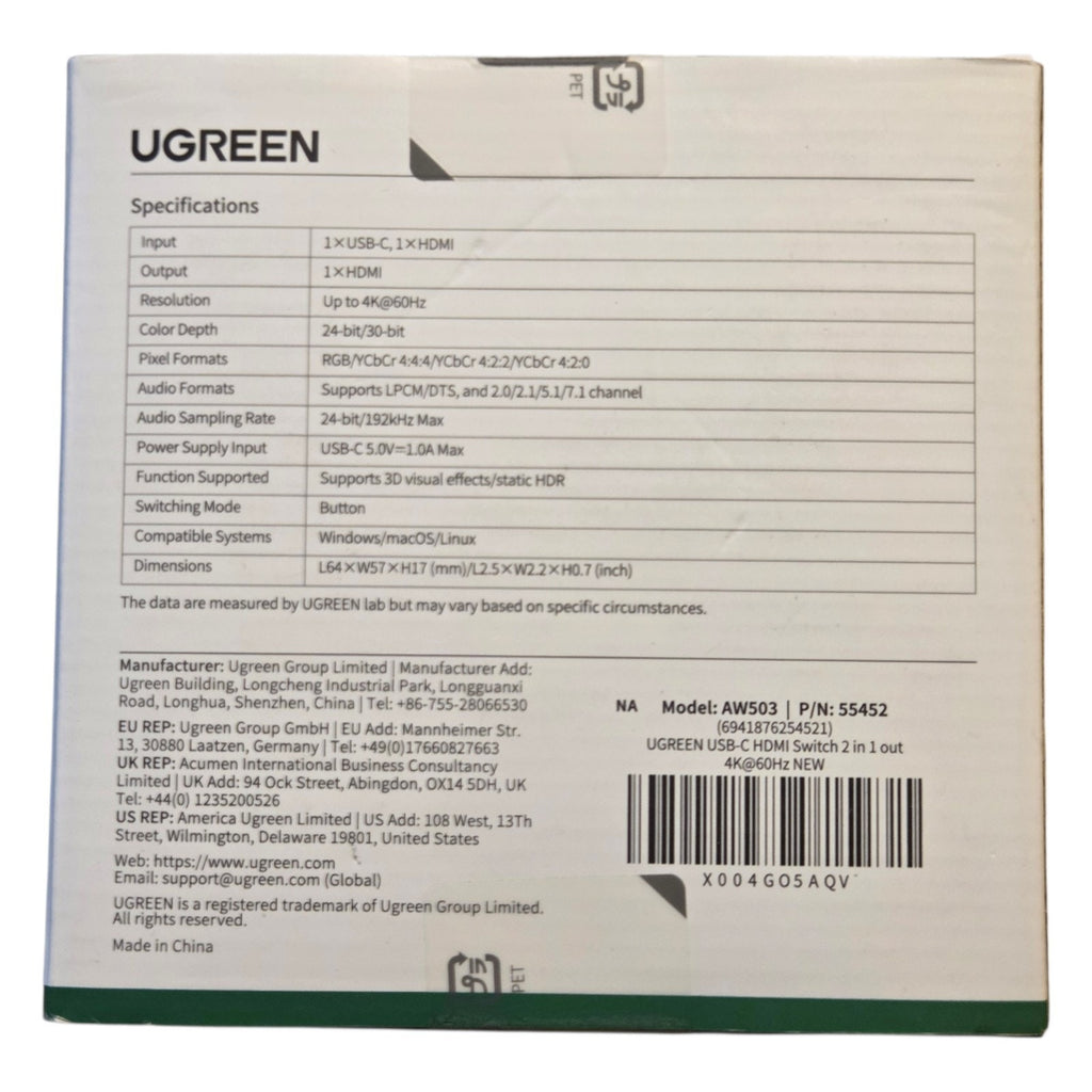 UGREEN USB-C+ HDMI Switch 4K@60Hz 2in1 out HDMI Splitter