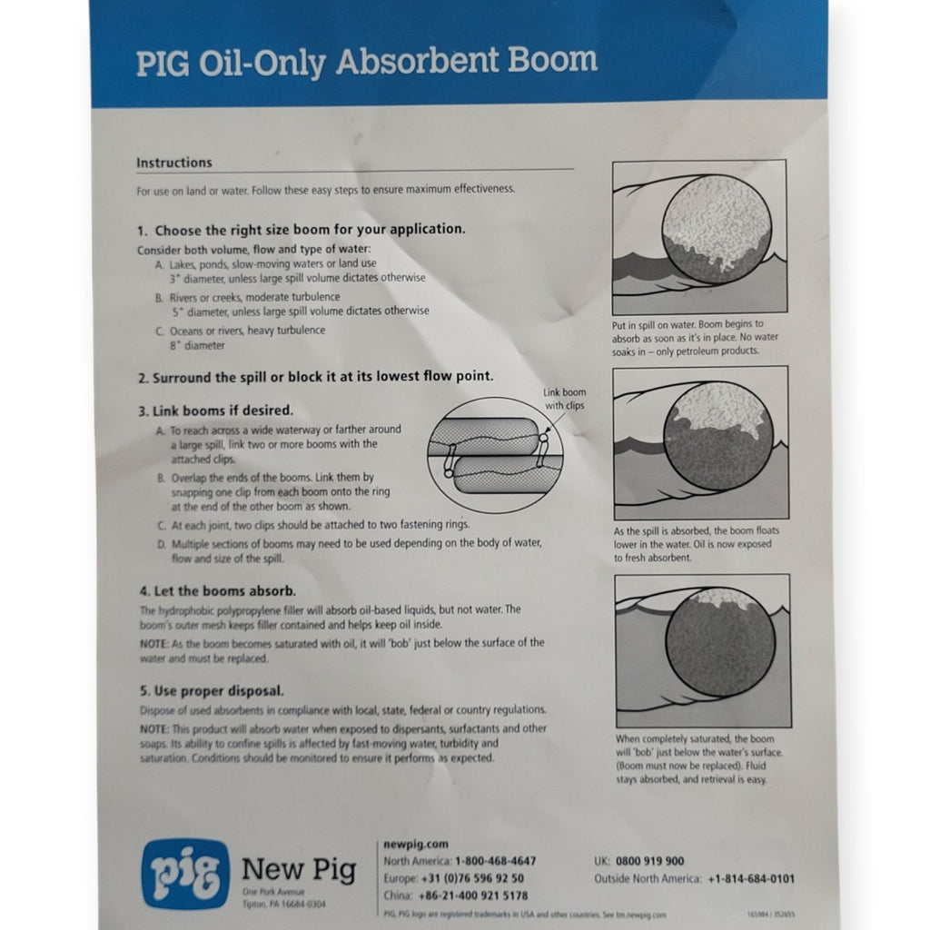 PIG Oil-Only Absorbent Boom 3" x 10' Set of 5