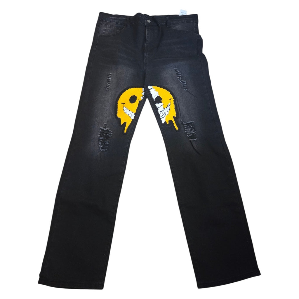 Jeans Mens 16Y Black Straight Distressed Smiley Emoji Patch Streetwear